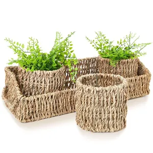 New Arrival Eco friendly Set of 3 Wicker Round Storage Baskets for Shelves with Rectangular Seagrass Tray (Brown)