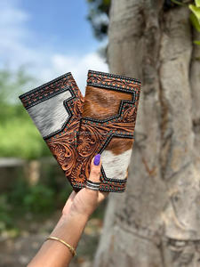 Cartera de mano de cuero de piel para ocultar el pelo, billetera tallada a mano, patrón occidental, tarjetas de cuero de vaca Vintage, billetera en efectivo, regalos - Product Image 5