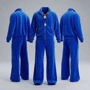 Ensemble de survêtement deux pièces en velours bleu roi pour homme, avec bas évasé, orné de cristaux, fermeture à cordon, imprimé uni, vente en gros - Product Image 6