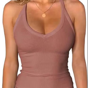 เสื้อกล้ามออกกำลังกายระบายอากาศได้ดีสำหรับผู้หญิงเสื้อกล้ามสายเดี่ยวคอวีเว้าหลังทรงสลิมฟิตเสื้อสายเดี่ยวสายเดี่ยวผ้าถักสไตล์เรียบง่ายลำลอง - Product Image 1
