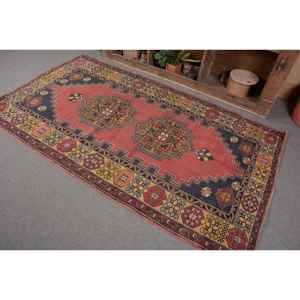 พรมตุรกีสไตล์วินเทจสีแดงสีเหลืองคลาสสิกขนแกะลายเย็บปะติดพื้นที่ขนาดใหญ่4.1x7.5ฟุตมีแผ่นยางรองสำหรับห้องโถงห้องนอน - Product Image 3