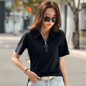 Top Polo de verano suelta manga corta cremallera Turn Down Collar de talla grande nuevo diseño tendencia Polo camiseta para mujer - Product Image 4