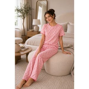 Conjunto de Pijama de Manga Corta con Estampado Floral, Ropa Casual para el Hogar, Cintura Elástica, Cierre de Botones, Talla XS, Tejido Suave, Color Rosa Polvo - Product Image 1
