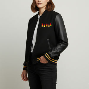 Chaqueta Universitaria Negra de Último Diseño con Mangas de Cuero Negro, Chaquetas Universitarias para Mujer con Logotipo Bordado Personalizado a la Moda - Product Image 1