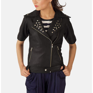 Mode personnalisée nouvelle couleur unie en cuir véritable revers veste à glissière femmes rue motard veste vêtements en gros - Product Image 1