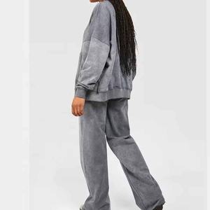 Custom 400 Gsm Sweat Suit with Acid Wash Distressed Embroidery Baggy <b>Trouser</b> and Hoodie Set Flared Tracksuit for <b>Women</b> - Product Image 3