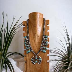Navajo Handmade Sterling Silver Squash Blossom Necklace <b>Set</b> with Turquoise & Rhinestone Accents - Product Image 1