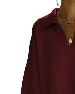Customized Wine <b>Red</b> Womens Oversized Knit Sweater Polo V Neck Loose Fit Ribbed Hem Long Sleeve Winter Casual Pullover Top - Product Image 3