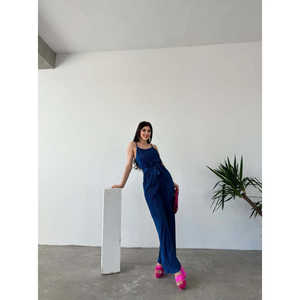 Mono de cintura alta con tirantes y cinturón, estilo casual transpirable - Product Image 1