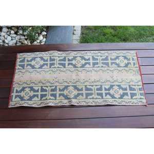 Petit tapis turc 1,7x3,6 pi (53x110 cm), tapis persan en laine bleu vintage - Product Image 3