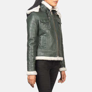 Veste en cuir Fiona Green Shearling avec capuche, légère, coupe-vent, style bomber, logo personnalisé, pour l'hiver - Product Image 4