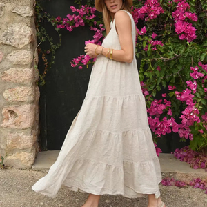 Robe maxi à volants en lin sans manches, boutonnée devant, col mandarin, ample, longue, femme, unie, marron, bohème, été, écologique, douce, ODM - Product Image 2