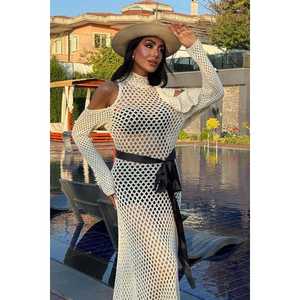 Vestido de punto calado 2847 con cinturón de satén, cintura natural, característica transpirable - Product Image 4