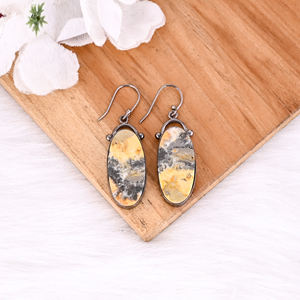 ต่างหูทองเหลืองสีดำ ruthenium แฮนด์เมด Bumble Bee Jasper ยาวรูปไข่อัญมณีห้อยต่างหูวันเกิดเครื่องประดับผู้หญิงทองเหลือง - Product Image 5