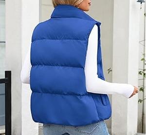 Chaleco Acolchado de Poliéster Grueso y Cálido con Cuello Camisero, Sin Mangas, Talla Grande, Color Azul Liso, para Invierno - Product Image 2