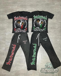 Conjunto de camiseta y pantalones de tela de algodón de gran tamaño, conjunto de pantalones de chándal y Camiseta con estampado de pantalla personalizado, lavado ácido, pantalones de chándal acampanados - Product Image 1