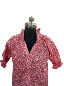 เสื้อเบลาส์100% พิมพ์ลายดอกไม้สีชมพูเสื้อท่อนบนเนื้อนุ่มแบบอินเดียดั้งเดิม - Product Image 3