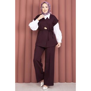 Conjunto Casual de Otoño y Verano, Chaleco con Botones Dorados y Cinturón, Pantalones de Crepé Color Ciruela, Corte Ajustado, Top Corto y Pantalones Cortos - Product Image 4