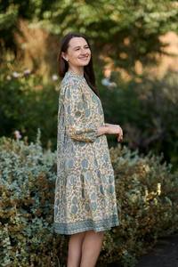 Vestido de Algodón Estampado a Mano Kamilla, Estilo Boho, Floral, Amarillo Verde, Moda Ética - Product Image 3