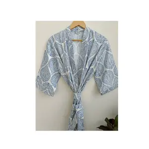 Excelente Qualidade Handblock Blue Print Kimono Robe Bath para Senhoras Nightwear Maxi Dress a Preço a Granel