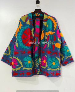 Embroidery Kimono Robe Boho Style Classic Elegant 100% Best Quality Suzani Hand Embroidered Short Raw Edge Jacket - Product Image 2