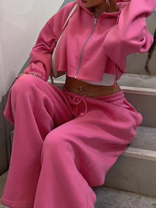 Conjunto Deportivo para Mujer, Sudadera Corta con Cremallera y Pantalones Anchos, Conjunto Deportivo de Dos Piezas con Logotipo Personalizado para Mujer - Product Image 3