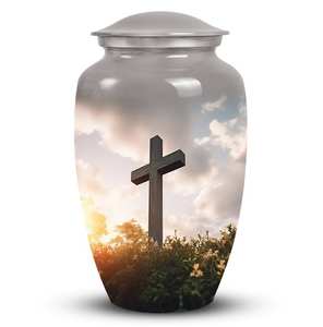 Urna conmemorativa cruzada para cenizas humanas Recuerdo espiritual Urna religiosa Cremación Puesta de sol Cruz Funeral relajante para cenizas Urna divina - Product Image 2