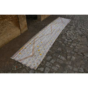 Alfombra turca clásica Vintage de 2,4x10,8 pies, lana blanca, yute, técnica de tejido plano, patrón de retazos, 10mm de espesor, Estilo clásico - Product Image 3