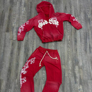 ชุดเสื้อฮู้ดฟอกสีกรดสำหรับผู้ชายชุดวอร์มกางเกงผ้าคอตตอนแบบปักลายมีซิปสไตล์สตรีทแวร์แนวสตรีทแวร์สไตล์วินเทจ - Product Image 1