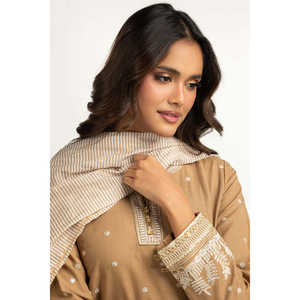 Ensemble 3 pièces Khaddar brodé en tissu lawn marron clair, style pakistanais, robe indienne semi-formelle pour l'hiver, IPSTD-55085 - Product Image 5