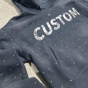 Low MOQ Fast Shipping Custom Rhinestone Hoodie <b>Grey</b> Streetwear <b>Men</b> Pullover 100% Cotton Heavyweight Hooded Sweatshirts - Product Image 3
