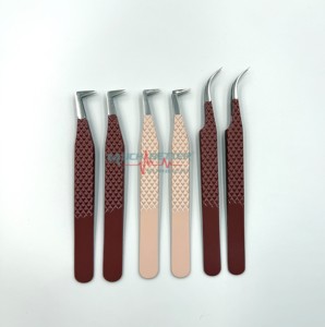 Bota delgada de acero inoxidable de 90 grados pintada en beige y marrón caliente pinzas de Punta plateada L agarre de punta de fibra extensiones de pestañas pinzas - Product Image 3