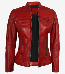Chaquetas de Cuero PU Rojas para Mujer, Estilo Motero, Cuello Alto, Transpirables, Venta al Por Mayor, Invierno 2025 - Product Image 1