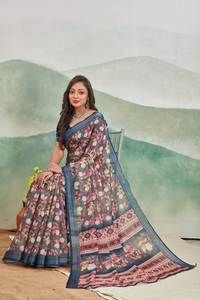 Sarees en soie pure lin Pallu à impression numérique traditionnelle avec chemisier - Product Image 1