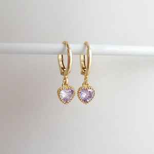 Pendientes de Aro Abrazadores con Dije de Corazón Morado Amatista Claro Vintage, Plata de Ley 925, Chapado en Oro de 14K, Joyería para Bodas y Fiestas - Product Image 1