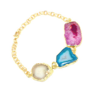 Antique Fashion Natural Agate Slice Gemstone 24K Gold Plated Adjustable Chain Healing Crystal <b>Bracelet</b> Jewelry For Women Girls - Product Image 1