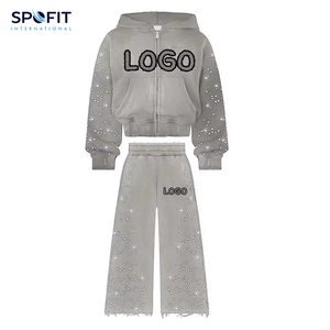 Streetwear empilé solide survêtement en détresse broderie 100% coton polaire 400 GSM poids lourd strass survêtements lavage - Product Image 5