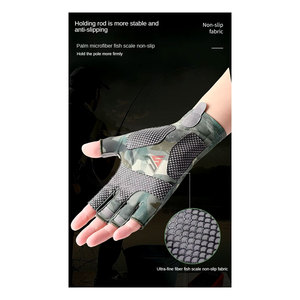 Matériau de gant de cycle demi-doigt d'été de qualité supérieure utilisé tissu extensible en polyester imprimé camouflage, cuir synthétique, silicone - Product Image 2