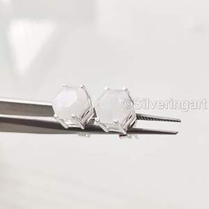 Boucles d'oreilles pour femmes, pierre de lune arc-en-ciel naturelle, opale, pierre de naissance de juin, bijoux faits à la main, argent sterling 925 - Product Image 2