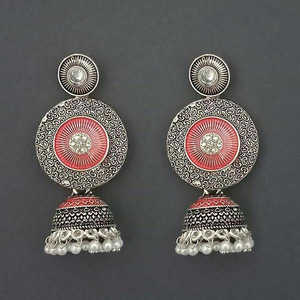 Pendientes colgantes finos Kriaa, piedra chapada en plata y colgante mate Meenakari rojo, modelo 1312050B - Product Image 1