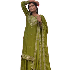 Bollywood inspiré vente chaude mariage et fête porter lourd Chinon soie Sharara robe sophistiqué cousu impression Collection - Product Image 1