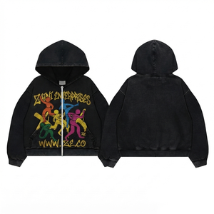 Premium 420 GSM Cotton Polyester Fleece Men Zipper Hoodie Black Acid Wash Custom Screen Print Logo Heavyweight Full Zip - Product Image 1