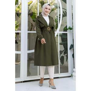 Gabardina de tela tejida con cinturón extraíble y mangas ajustables, color caqui, hecha en Turquía - Product Image 1