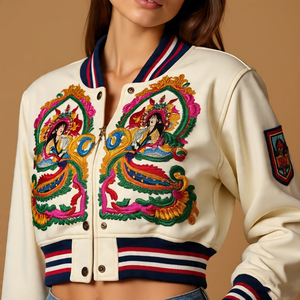 Femmes Crop Laine Varsity Vestes Couleur Unie Collège Laine Veste Dames Automne Hiver Imprimer Broderie Courte Varsity Vestes - Product Image 3