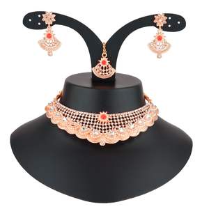 Indian Crystal Jewellery Faux Pearl Crystal Choker Necklace Dangle Earrings With Maang Tikka Indian Jewellery Set, <b>Red</b> - Product Image 2