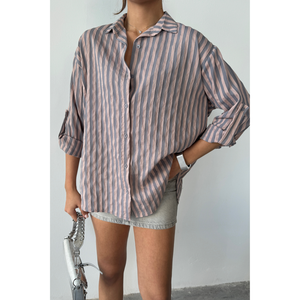 เสื้อเชิ้ตผ้าลินินลายทางสำหรับผู้หญิง สีแอนทราไซต์-เสื้อเบลาส์สุดหรู - Product Image 4