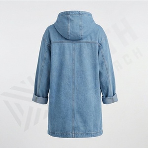 Veste longue en jean pour femmes en gros, à capuche, décontractée, à simple boutonnage, printemps automne, coupe ample, coupe-vent pour femmes, couleur personnalisée - Product Image 2