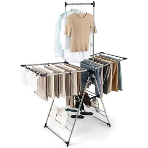 Clothes Drying Rack Metal Laundry Stand Wholesale Foldable 2 Level Drying Racks For Clothes High Hanger Compact Hanging Rack