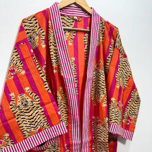 Kimono corto con estampado de Tigre, bata Kimono de algodón indio, ropa de playa, albornoz, bata, vestido de fiesta corto bohemio, vestido de dama de honor - Product Image 1