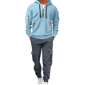 Conjunto Deportivo de Chándal para Niños, Sudadera con Capucha Azul Cielo y Pantalones Cargo Grises, Media Cremallera, Manga Larga, Ropa Deportiva de Invierno - Product Image 4